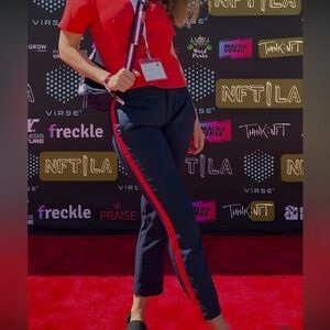 Banana Republic Avery Navy Straight Leg Pants with Red Stripe